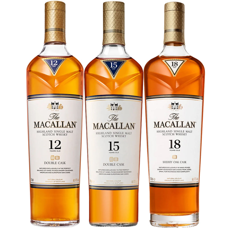 The Macallan, 12, 15, & 18 Years Old Scotch Whiskey Bundle