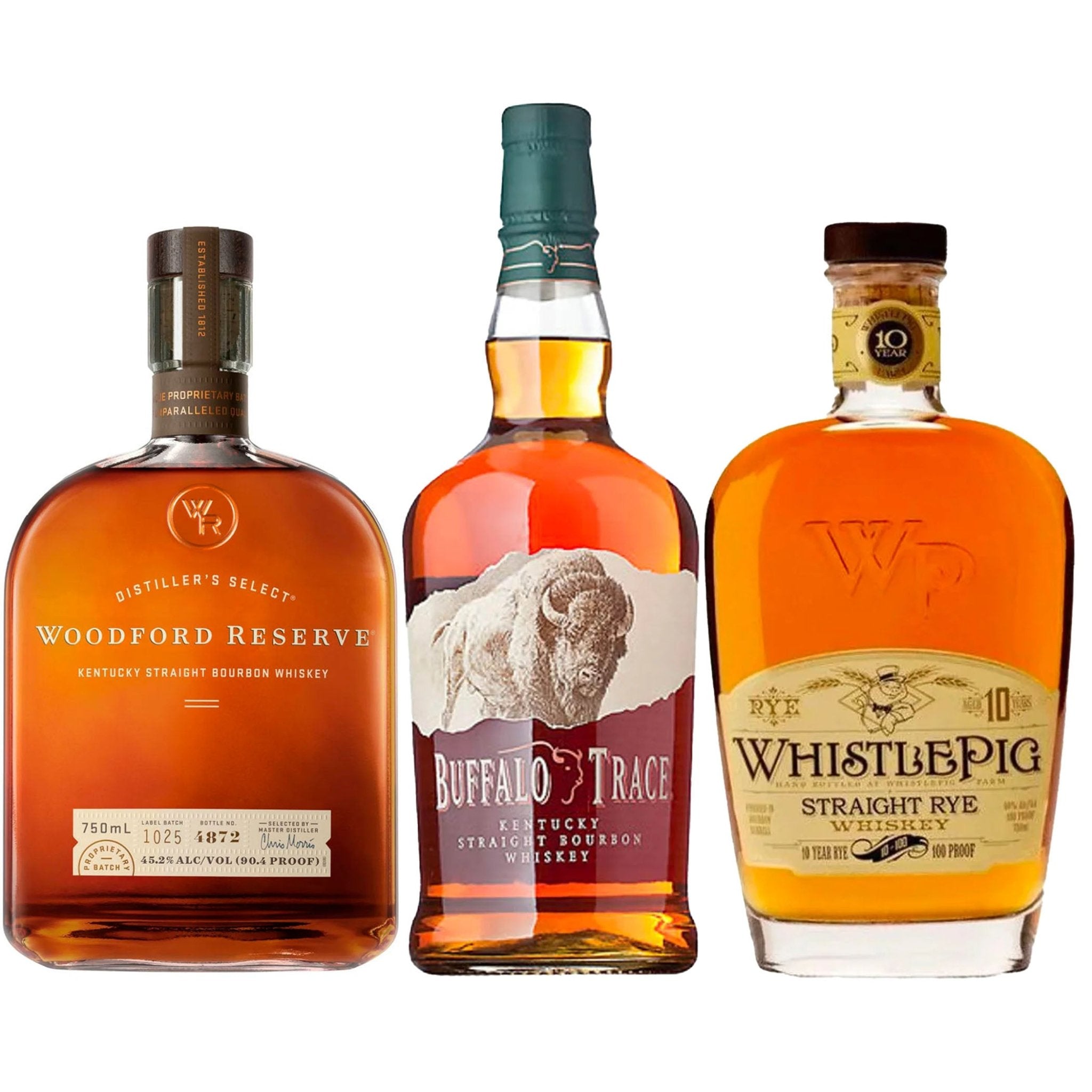Woodford Reserve Straight, Buffalo Trace, & Whistle Pig 10 Year Whiskey Bundle - Liquor Boutique