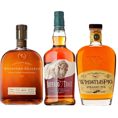 Woodford Reserve Straight, Buffalo Trace, & Whistle Pig 10 Year Whiskey Bundle - Liquor Boutique
